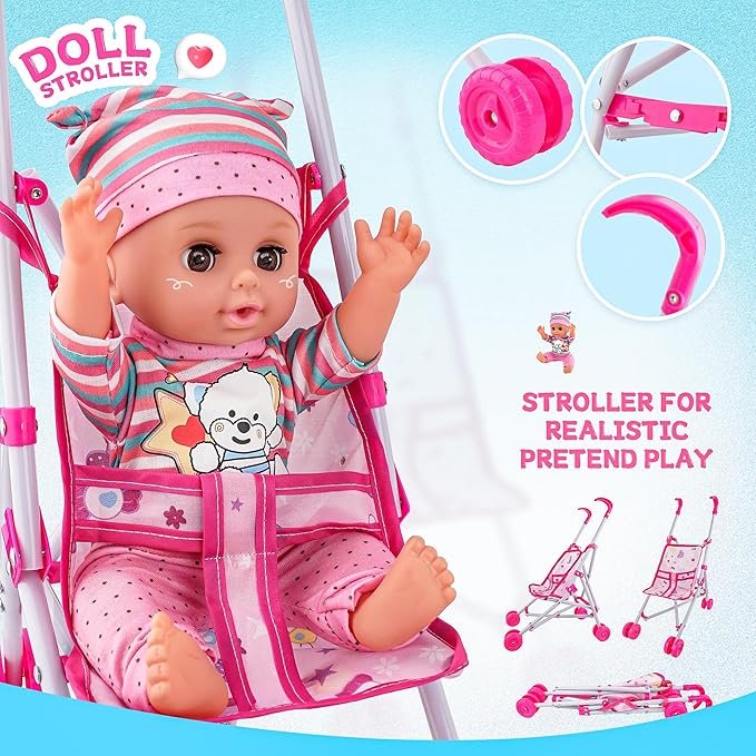 SMILESSKIDDO Baby Doll with Stroller, 14'' Soft Body Dolls with Accessories Includes Foldable Cart, Feeding Playset, Babydoll Pretend Play Toddler Toys Gifts for 1 2 3 4 Year Old