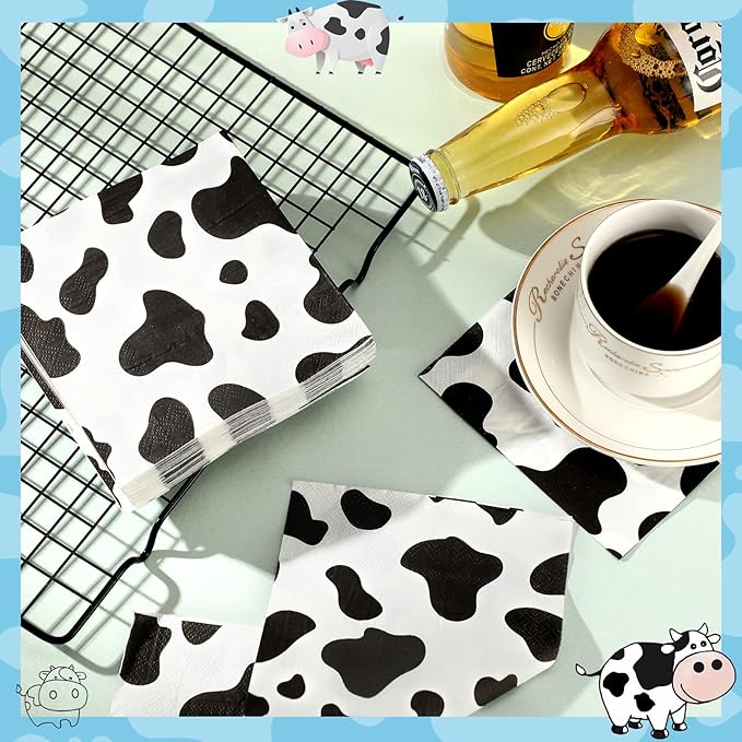 Chengu 100 Pieces Cow Print Napkins 2 Layers Cow Print Party Supplies Farm Animal Napkins for Animal Themed Birthday Party Western, 5 x 5 Inches