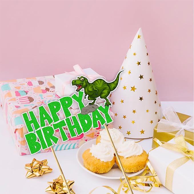 Dinosar Happy Birthday Cake Topper - Prehistoric Dinosaur Theme Design, Colorful Jurassic Style Party Cake Decoration for Birthday Celebration, Dessert Table Display, Photo Prop, Cake Centerpiece.