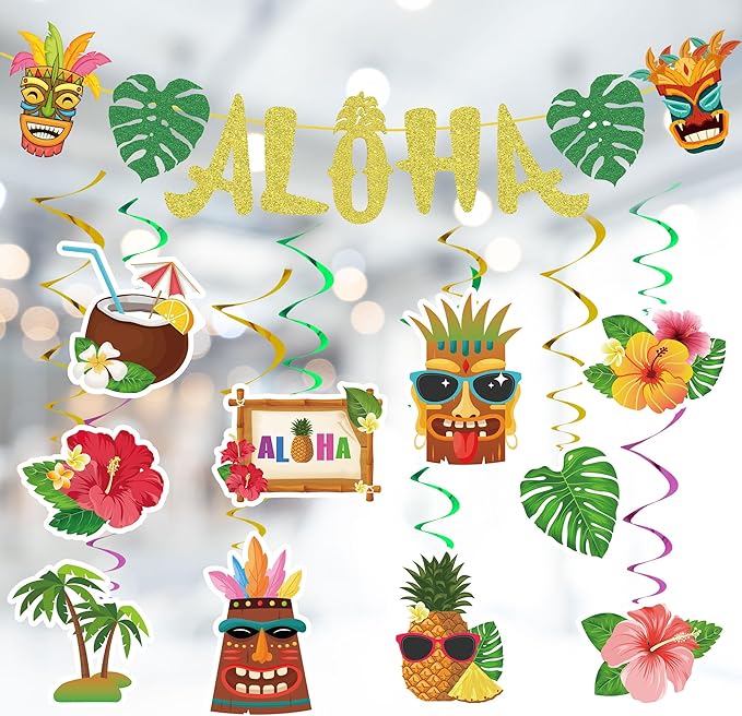 101PCS Hawaiian Themed Party Decorations Set, Tropical Beach Aloha Summer Party Supplies, Including Backdrop, Table Skirt, Honeycomb Centerpieces, Balloons for Luau, Tiki Birthday Party