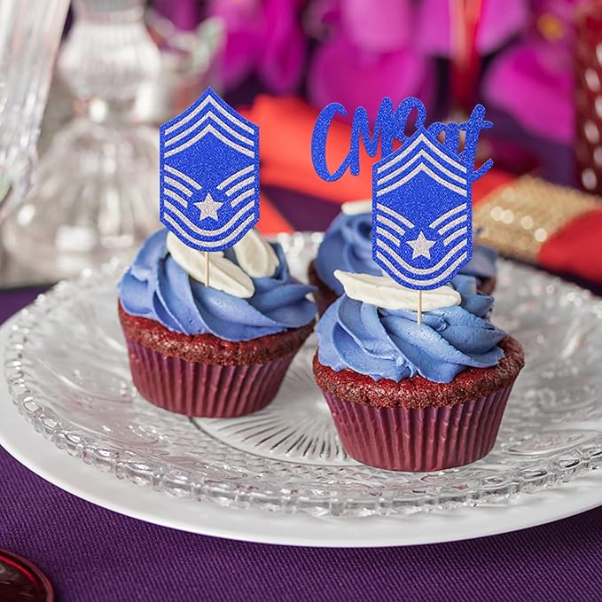 24 Pack Chief Master Sergeant Cupcake Toppers Glitter CMSGT Military Themed Bound Emblem Cupcake Picks for Congrats Retirement Army Navy Theme Birthday Cake Decorations Party Supplies Blue