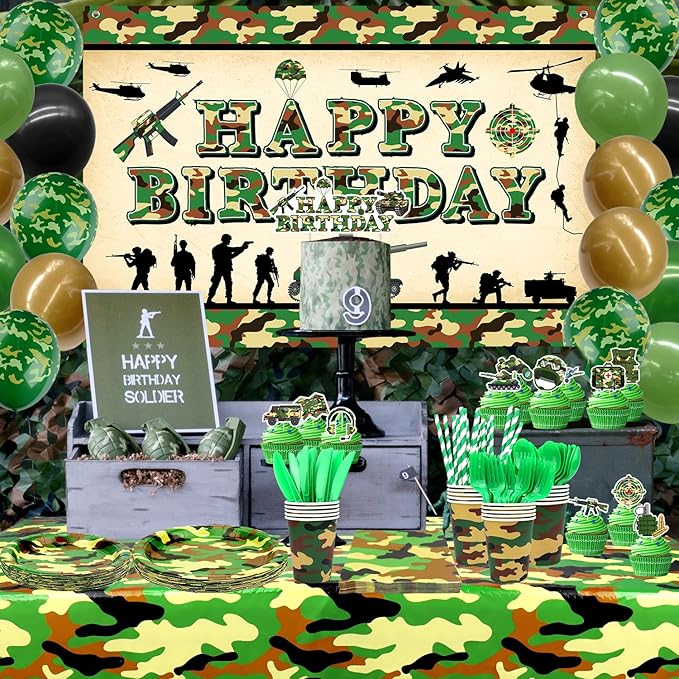 Camo Birthday Party Decoration, Army Party Supplies, Plates Cups Napkins Camo Tablecloth Happy Birthday Backdrop Balloons Cake Toppers for Boy Camouflages Hunting Military Party Supplies (Backdrop)