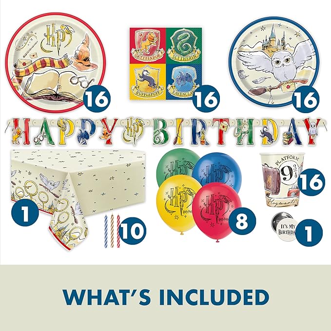 Harry Potter Birthday Decorations Kit | Party Supplies With Balloons, Table Cover, Banner, Dinner and Cake Plates, Napkins, Cups, Candles, Button - Serves 16