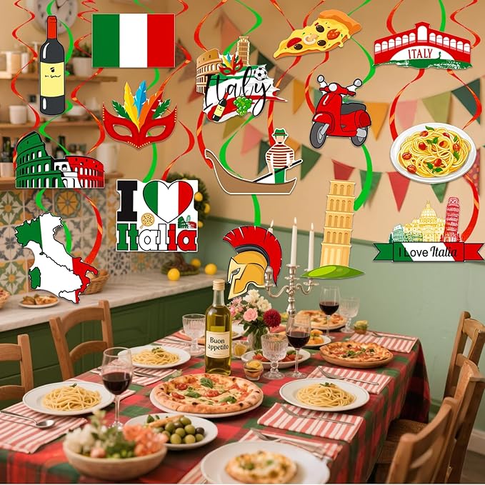 Italian Party Hanging Swirls I Love Italy Hanging Decorations 20PCS Italian Birthday Party Supplies Hanging Swirls Italian Decorations Party Theme Italy Ceiling Streamers for Pizza Party Favor Decor