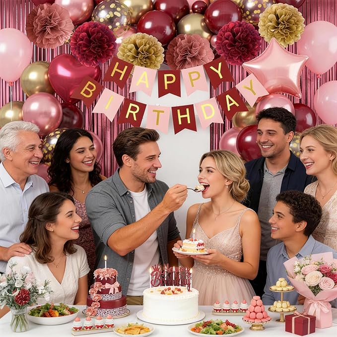Burgundy Birthday Decorations for Women Girls, Wine Red Rose Gold Balloons Maroon Burgundy Gold Happy Birthdays Balloon Banner Pompoms Curtains for Women Girls Adults Birthday Party Decorations