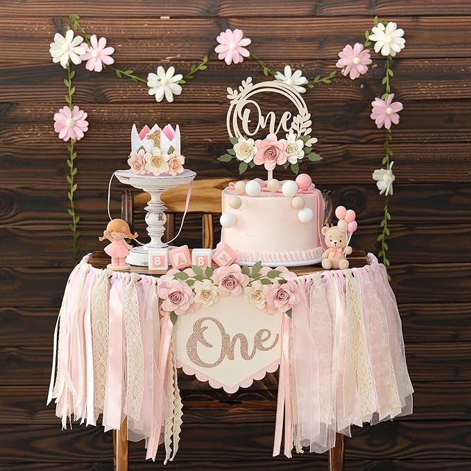 Wildflower 1st High Chair Banner Birthday Decorations For Girl Pink Flower Cake Topper Hat Floral Theme Party Decoration