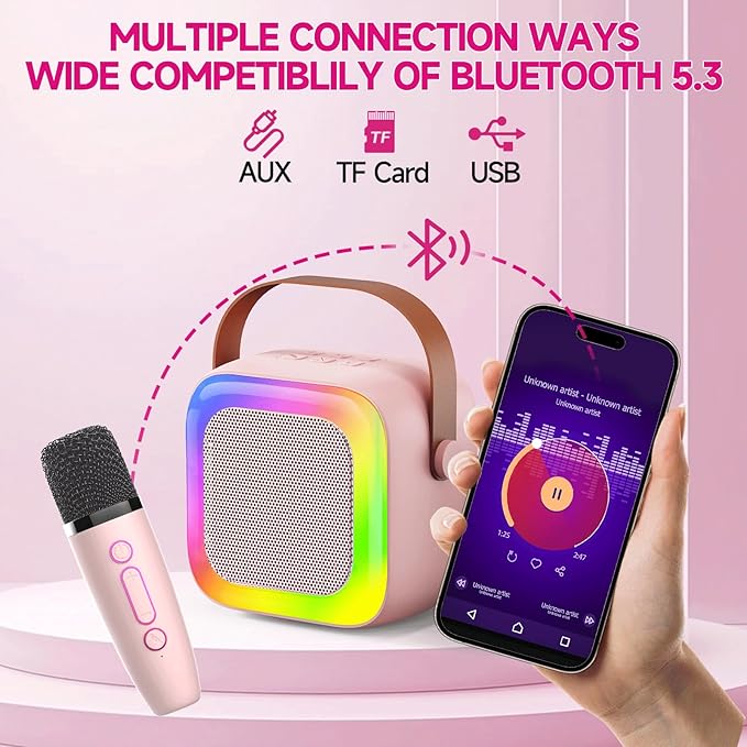 Mini Karaoke Machine for Kids Teen Adults, Kids Karaoke Machine with 2 Wireless Microphones and LED Lights Toys for Party, Home, Gifts for 4 5 6 7 8 9 10 11 12+ Years Girls Boys(Pink)