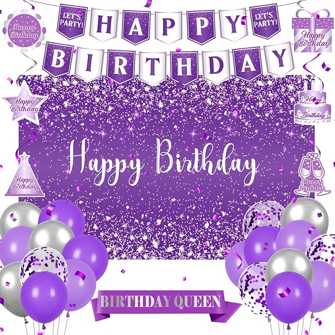 Purple Party Decorations for Women Girls Happy Birthday Banner Silver Glitter Backdrop Hanging Swirls Queen Sash 20PCS Purple Latex Balloons Set for Girl Sweet Princess Birthday Party Decor Supplies
