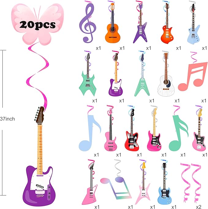 Guitar Party Hanging Swirls Guitar Birthday Decoration Guitar Themed Swirl Ceiling Muscial Party Hanging Streamer for Girls Rock Guitar Party Baby Shower Supplies