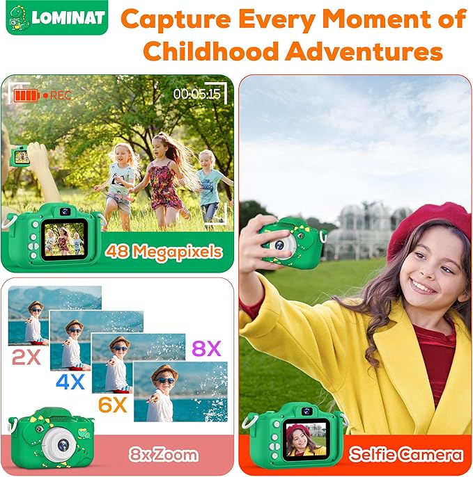 Kids Camera for 3, 4, 5, 6, 7, 8, 9 Year Old Boys Girls – 1080P HD Kids Video Camera, Dinosaur Christmas Birthday Gifts, Toddler Dual Lens Digital Camera with Games, Toys for Toddlers - 32GB SD Card