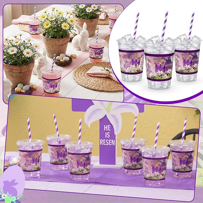 50 Set Easter He Is Risen Disposable Plastic Cups 12 oz with Lids Straws Religious Christian Easter Party Drinking Cups Spring Lily Floral Drinkware for Egg Hunt Holiday Party Supplies
