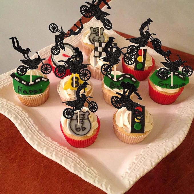 24 PCS Motorcycle Cupcake Toppers Black Glitter Motocross Dirt Bike Party Cupcake Picks for Sports Motocross Theme Man Boy Birthday Party Cake Decorations Supplies