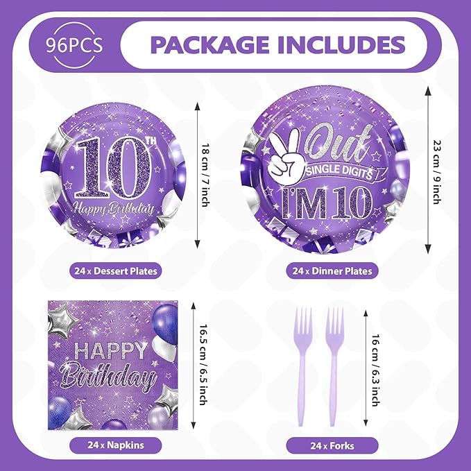 Grencian 96Pcs Purple 10th Birthday Decorations for Girls Purple 10th Birthday Plates and Napkins Disposable Glitter Out Single Digits I'm 10 Paper Tableware for 10 Years Old Party Supplies, Serves 24