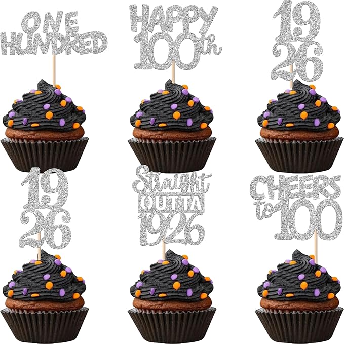 30 PCS 100th Birthday Cupcake Toppers Glitter One Hundred Happy 100 Straight Outta 1926 Cupcake Picks for Cheers to 100 Fabulous 100th Birthday Anniversary Party Cake Decorations Supplier Silver