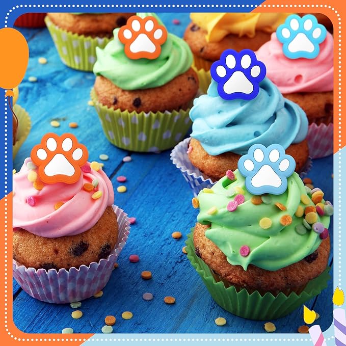 48 Pcs Paw Dog Cupcake Rings Toppers Decorations Orange Blue Red Yellow Paw Dog Theme Birthday Cupcake Rings Decorations for Puppy Baby Shower Party Supplies(Light Color)