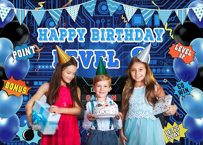 Game Theme Level 9 Birthday Backdrop Video Game Happy 9th Birthday Party Decorations Level Up Theme Boys Kids Birthday Party Supplies(7×5FT)