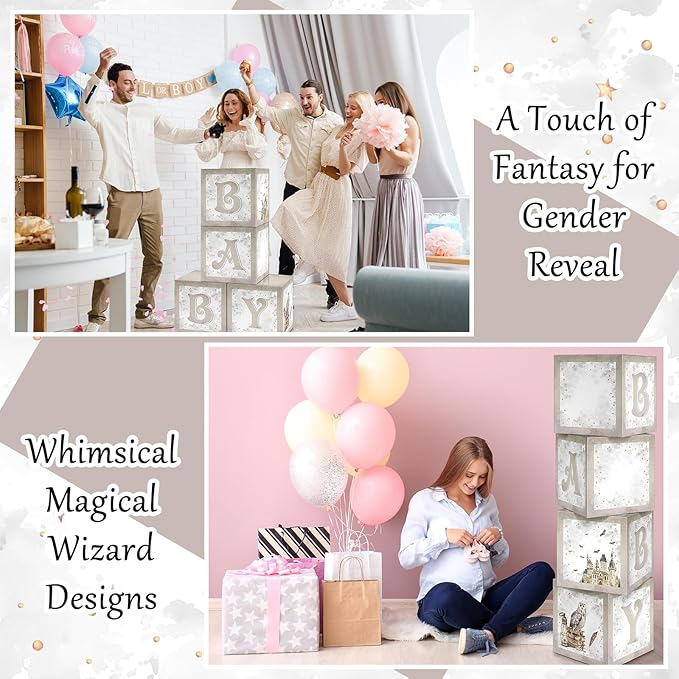 Chunful 4 Pcs Magical Wizard Baby Shower Boxes with Letters for Baby Shower Gender Reveal Balloon Boxes Party Decorations Magic Witch Theme Birtyday Party Supplies