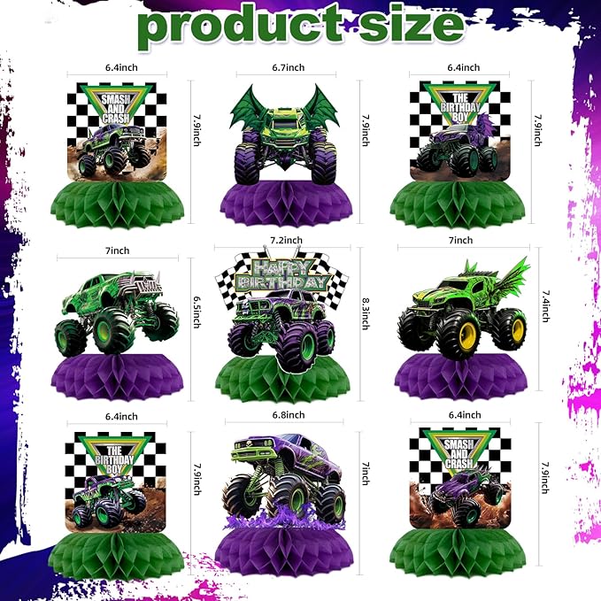 9Pcs Monster Truck Honeycomb Centerpieces Monster Truck Birthday Party Decorations Monster Truck Table Decorations Monster Truck Party Supplies