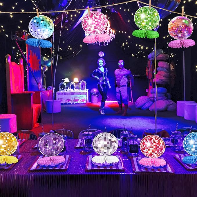 9PCS Disco Honeycomb Centerpieces Disco Ball Party Decorations Colorful Rock and Roll Party Table Centerpieces 50s 70s 80s 90s Disco Music Theme Birthday Party Supplies Decor