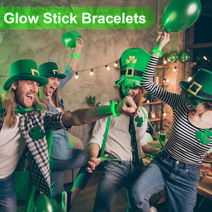 Kigeli 60pcs St Patricks Day Party Favors Green Glow Sticks 9" Glow Wristbands with Connectors Saint Patrick's Light up Bracelet Gifts for for Carnival, Easter, and Music Festival Supplies