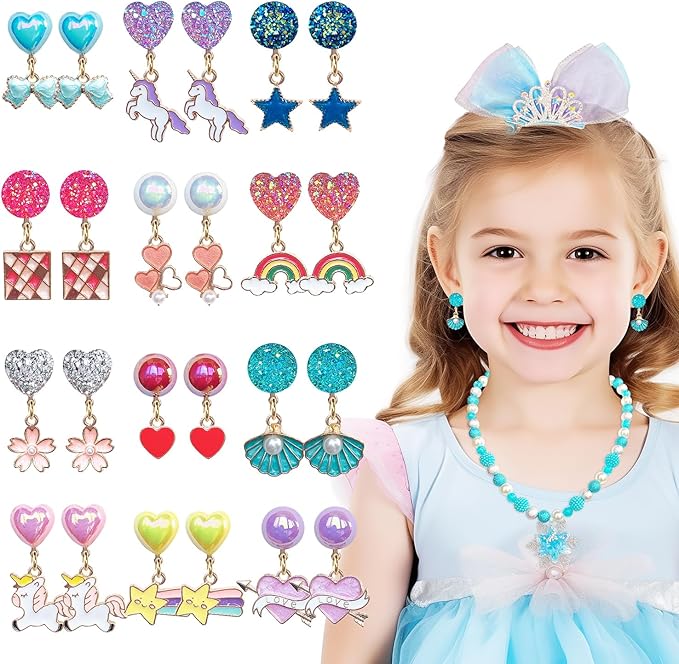 12 Pairs Clip On Earrings Girl Party Favor Princess Clip on Earrings Pretend Play Unicorn Earrings for Little Girl Kids Toddlers Jewelry Set