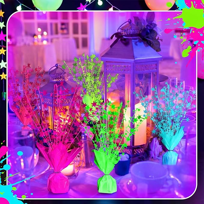 6 Pack Glow in the Dark Metallic Foil Spray Centerpiece Neon Star Table Decoration Fluorescence Tabletop Centerpieces for Glitter Neon Birthday Party Graduation Holiday Party Supplies