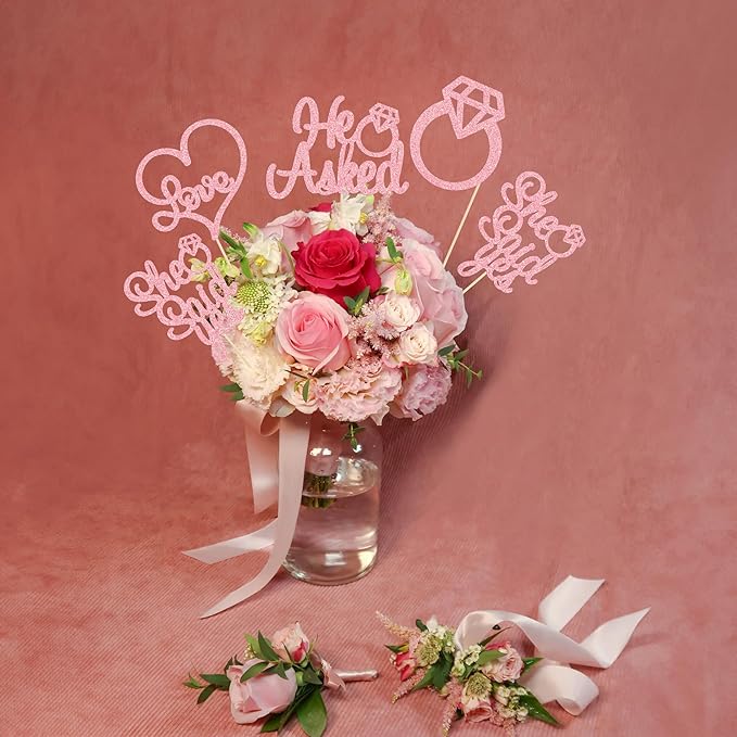 Gyufise 12Pcs Engagement Centerpiece Sticks Double Sided He Asked She Said Yes Diamond Ring Heart Table Centerpiece Sticks for Wedding Bridal Shower Party Supplies Pink