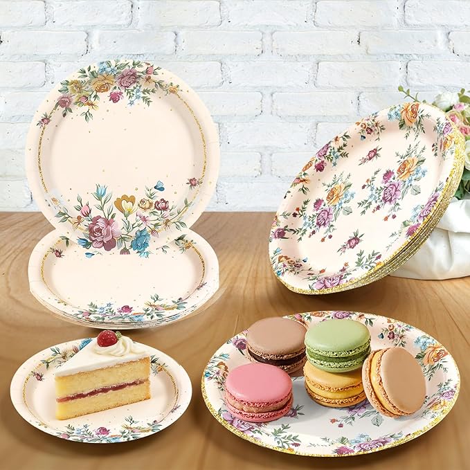 180Pcs Vintage Floral Party Supplies Paper Plates and Napkins Serve 60 Disposable Tableware Set for Birthday Party Decorations Game Day Family Holiday Sports Events