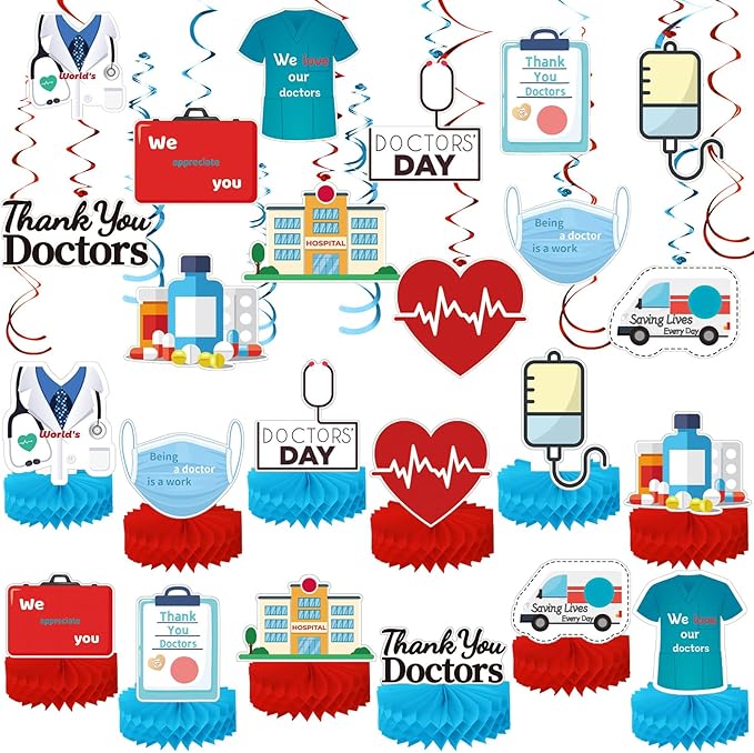 36 Pcs Doctor's Day Appreciation Decoration Thank You Doctor Table Honeycomb Centerpieces Appreciate Hanging Swirls Banner for National Doctors' Day Medical Students Party Supplies