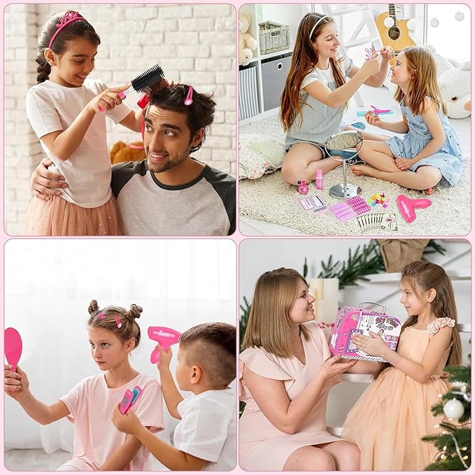 Gifts2U Hair Salon Toys for Girls, Girl Beauty Salon Playset Pretend Hair Styling Set with Blow Dryer, Barber Costume Apron, Scissors Styling Manu, Fake Money and Functional Stylist Accessories.
