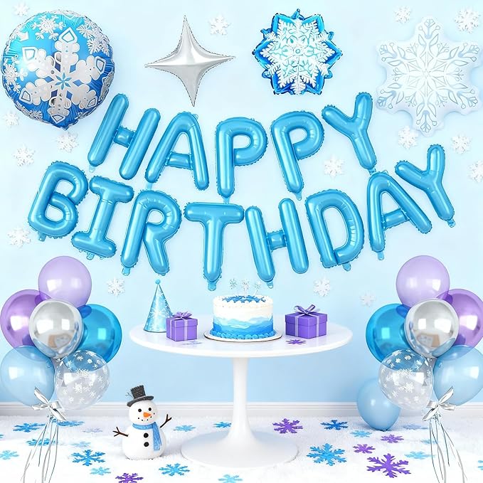 29PC Blue Winter Happy Birthday Balloon Banner, 16Inch 3D Aluminum Letter Banner Sign, White Metallic Blue Silver Snow Balloons 18 Inch Snowflake Foil Balloon for Frozen Party Decorations