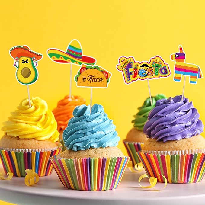 48 PCS Cinco De Mayo Cupcake Toppers, 12 Style Mexican Party Decorations, Chili Cactus Sombrero Printing Design Fiesta Cake Toppers Cupcake Picks, Cinco De Mayo Decor for Mexican Party