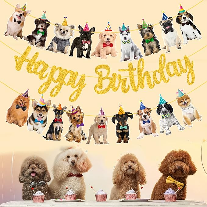 Dog Happy Birthday Banner Decorations Baby Birthday Party Supplies Gold Glitter Puppy Birthday Banner for Pet Dog Theme Party Bunting Decoration Baby Shower Party Supplies