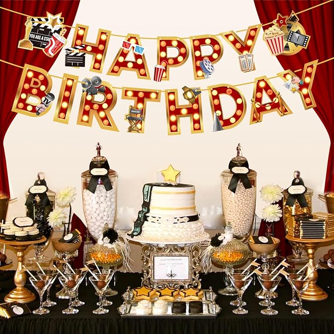 Zwiebeco Movie Night Happy Birthday Banner Film Themed Sign Hanging Paper Party Decoration for Hollywood Cinema Accessories Supplies Favors