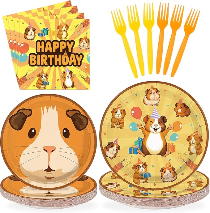 96Pcs Guinea Pig Birthday Party Decorations Hamster Happy Birthday Plates and Napkins Sets Brown Guinea Pig Decorations for Boys Girls Animal Theme Bday Party Supplies Serves 24