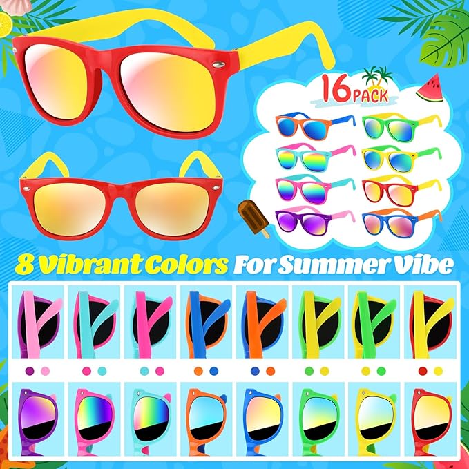 GIFTINBOX Kids Sunglasses Party Favors for Boys & Girls,Neon Toddler Sunglasses bulk with UV400 Protection, Pool Beach Party Favors, Goodie Bags Stuffers for Birthday Party -16pack