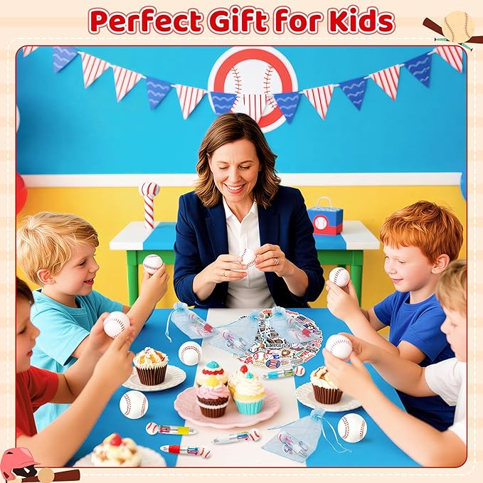 CY2SIDE 12 Pack Baseball Squeeze Toy Party Favor Gift Set with Ballpoint Pen Sticker and Organza Bag 2.5’’ Baseball Foam Stress Ball Classroom Prize for Kid Sport Lover Birthday Goodies Bag Stuffer