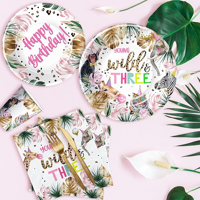 APOWBLS Young Wild And Three Decorations Girl Dinnerware, Safari 3rd Birthday Party Supplies, Plate, Cup, Napkin, Tablecloth, Cutlery, Straw, Animal Jungle 3 Year Old Birthday Decorations | Serves 24