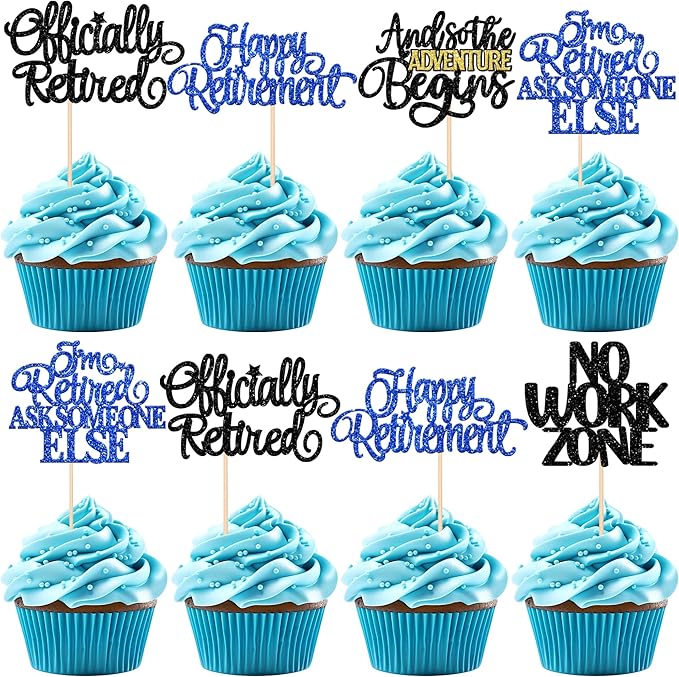 30 PCS Happy Retirement Cupcake Toppers Officially Retired Cupcake Picks No Work Zone Adventure Begins Cake Decorations for Retirement Theme Farewell Birthday Party Supplies Black Blue