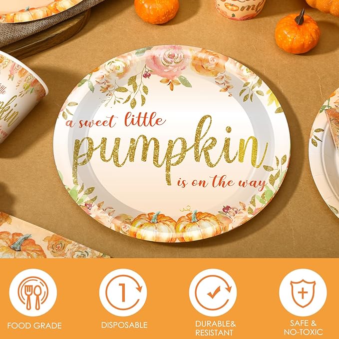 Hushee 200 Pcs Little Pumpkin Baby Shower Paper Plates Napkins Cups Baby Shower Party Supplies Tableware Set Yellow Disposable Cup Napkin for 50 Guest Autumn Thanksgiving Party Decoration