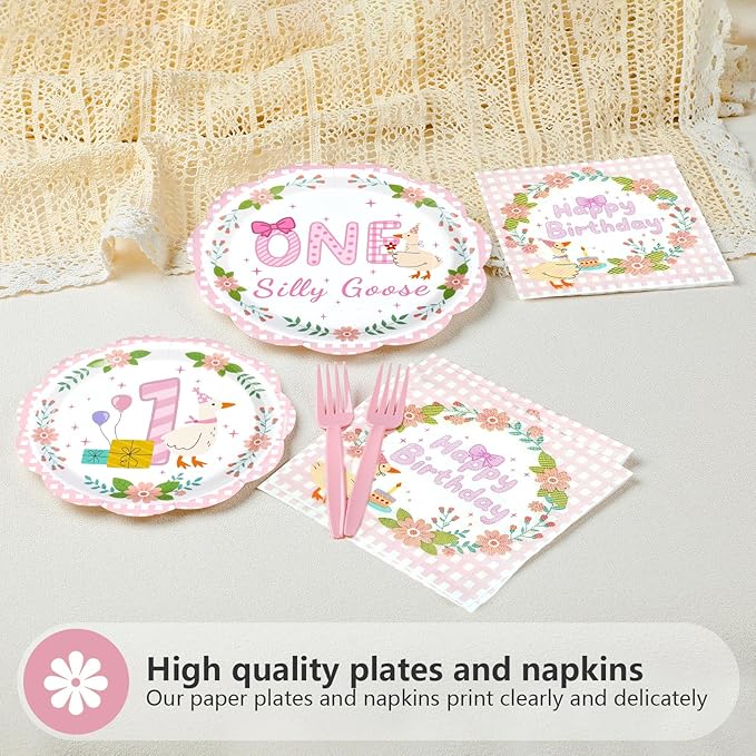 96Pcs One Silly Goose Birthday Party Decorations Goose 1st Birthday Paper Plates and Napkins Sets Pink Bow Cute Wreath Geese Decorations for Baby Girls One Year Old Bday Party Supplies Serves 24