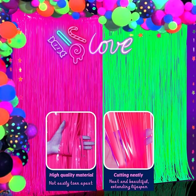 Glow in The Dark Party Supplies 2 Pack Neon Party Decorations Fluorescent Tinsel Foil Fringe Curtains Photo Booth Prop Backdrop Streamer Blacklight Decorations (Neon Hot Pink+Neon Green)