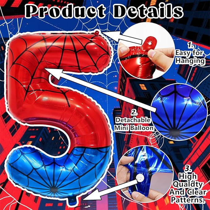 Spider Web Number 5 Balloon Birthday Decoration, Superhero Themed 40in Giant Mylar Number Party Supplies