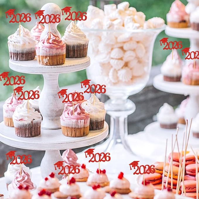24 Pcs graduation cupcake toppers 2026, Food/Appetizer Picks For Graduation Party Mini Cake Decorations, 2026 Cupcake Toppers(Red)