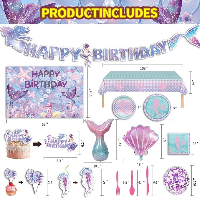 154 Pcs Mermaid Birthday Party Supplies - Mermaid Party Decorations Included Backdrop, Banner, Tablecloth, Hanging Swirls, Cupcake Toppers, Tableware, Paper Towel, Aluminium balloon, Latex Balloons