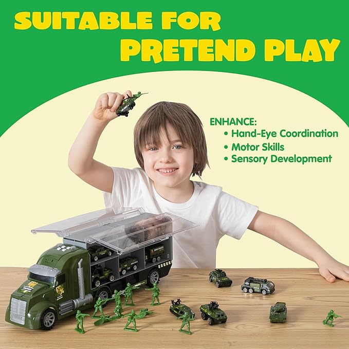 JOYIN 25 in 1 Military Kids Truck Toys for Age 3+, Toddler Boy Toys, Army Men Tanks Set with Soldier Men, Mini Battle Cars in Carrier Truck with Lights and Sounds, Gifts for Grandkids, Easter Basket