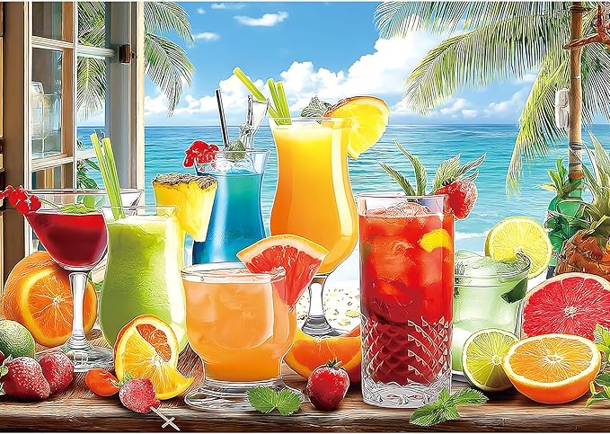 Colorful Drinks 1000 Piece Jigsaw Puzzle for Adults Summer Tropical Beach Scene with Fresh Fruits Ocean Vibrant Coastal Art Perfect for Relaxation & Home Decor(27.5" x 19.7")