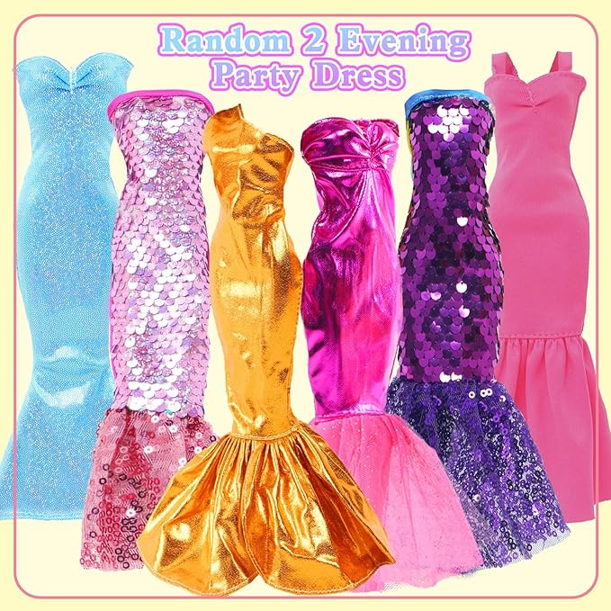 40Pcs Doll Clothes and Accessories Including 2 Fashion Evening & 2 Casual Dresses, 1 Sequins & 3 Slip Dresses, 2 Swimwear, 10 Pairs of Shoes, 5 Hangers, 12 Accessories for 11.5 inch Girl Doll