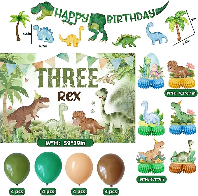 Three Rex Dinosaur Birthday Party Decorations, 3rd Birthdays Decoration for Boys Girls 3rex Dinosaurs Backdrop Honeycombs Balloons Banner Supplies for kids Dino Theme Party (Dinosaur)