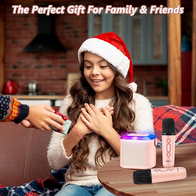 Mini Karaoke Machine with 2 Wireless Microphones for 5+ Years Old Kids, Rechargeable Portable Bluetooth Karaoke Singing Speaker with Voice Changing, RGB Light, for Birthday, Family, Home Party Gift